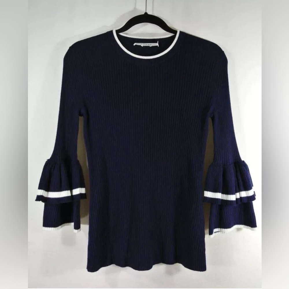 FRAME Ruffle-Cuff Rib-Knit Wool Sweater in Navy - Picture 3 of 6